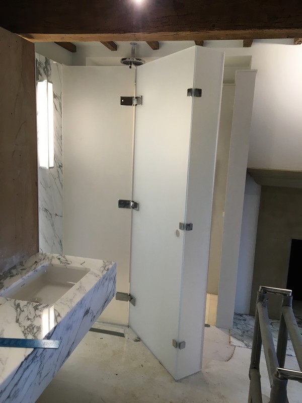 Bespoke frosted glass shower enclosure in Sutton luxury bathroom